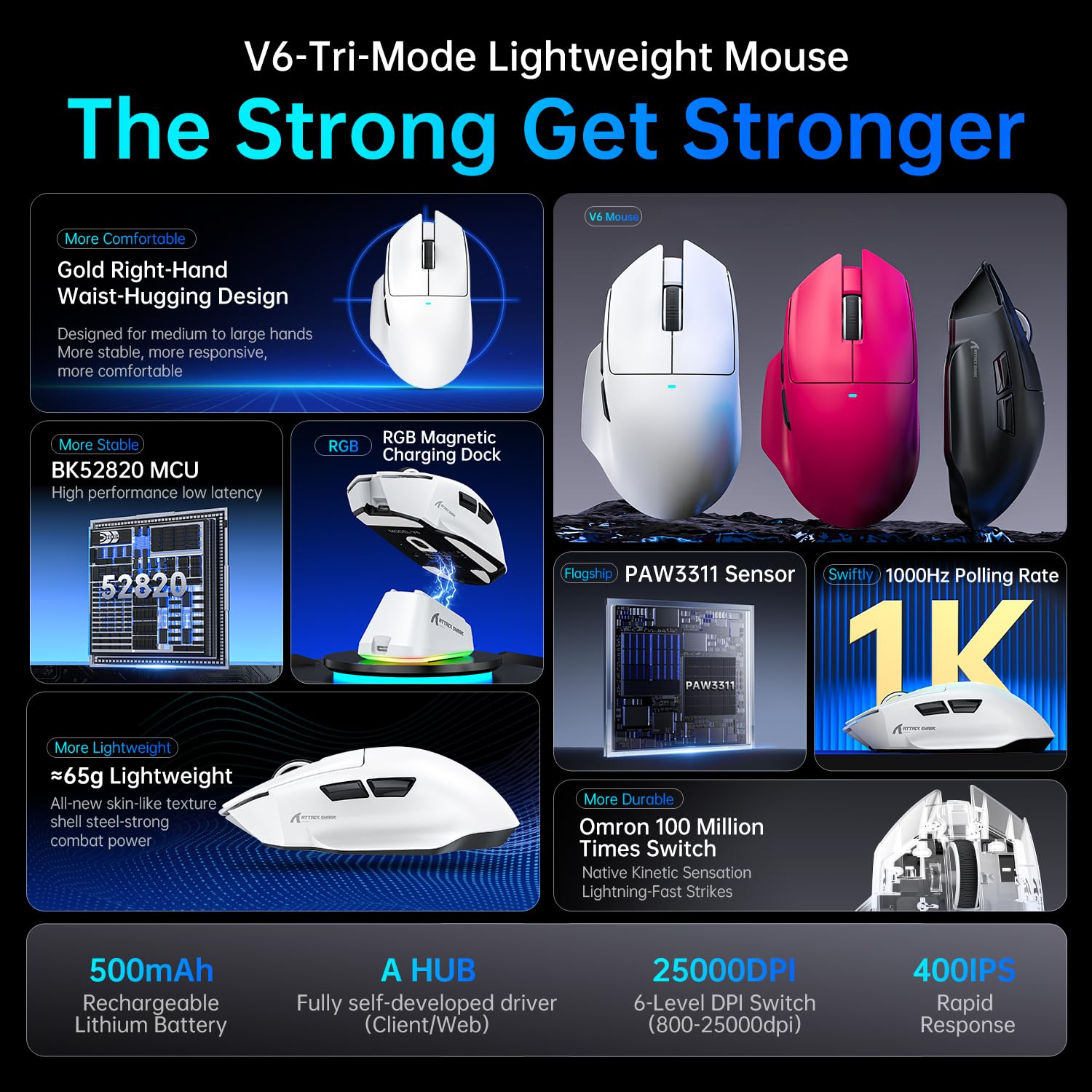 ATTACK SHARK V6 Wired Gaming Mouse, Broadcom BK52820 Chip, PixArt